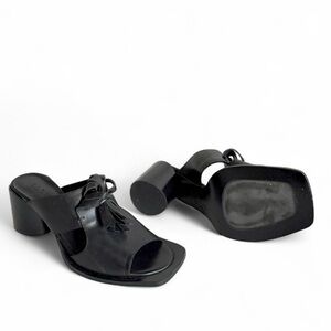 INK Bow Slide Black Leather Mule Heels